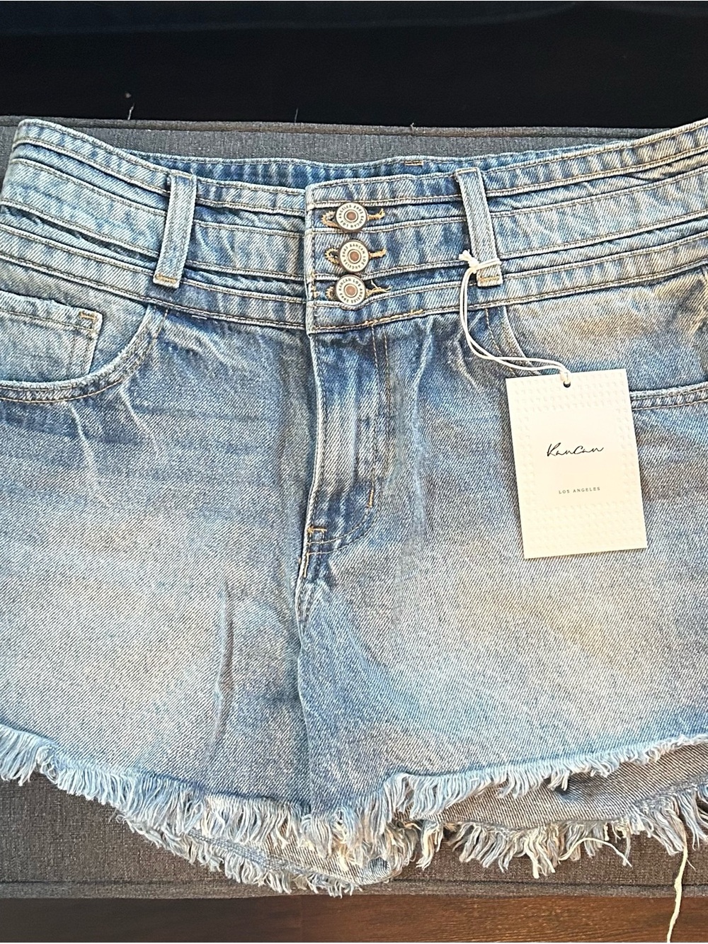 KanCan Light Wash Triple-Button High-Rise Denim Shorts